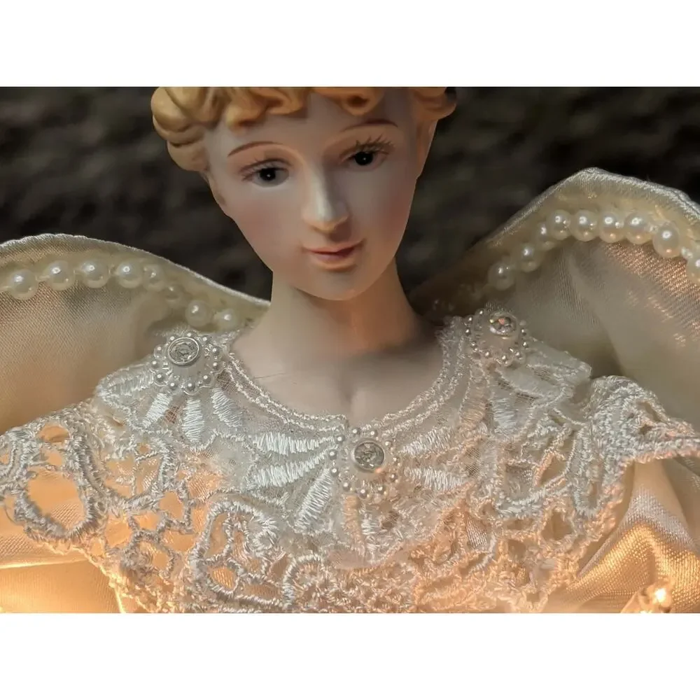 Vintage Traditions Lighted Angel Christmas Tree Topper Satin Gown Roses Beaded